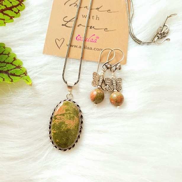 Unakite gemstone pendant chain earrings set