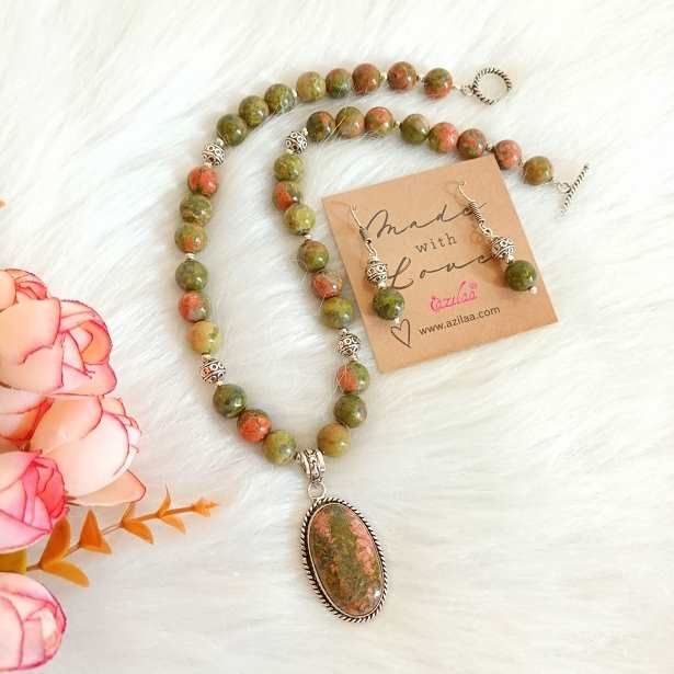 Unakite gemstone pendant necklace earrings set