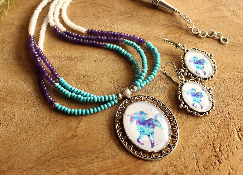 Unicorn necklace and earring,Contemporary designer beaded jewelry