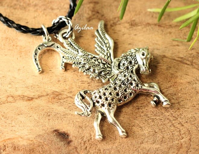 Unicorn horse shoe charm silver pendant with cord unisex necklace 
