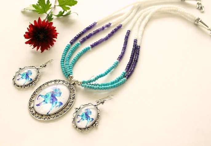 Unicorn necklace and earring,Contemporary designer beaded jewelry