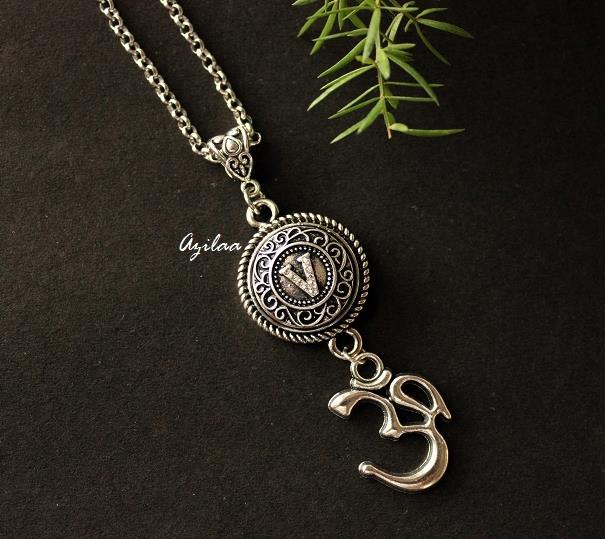V intial CZ Om charm  pendant silver necklace