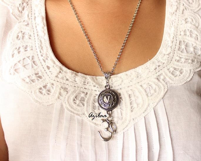 V intial CZ Om charm  pendant silver necklace