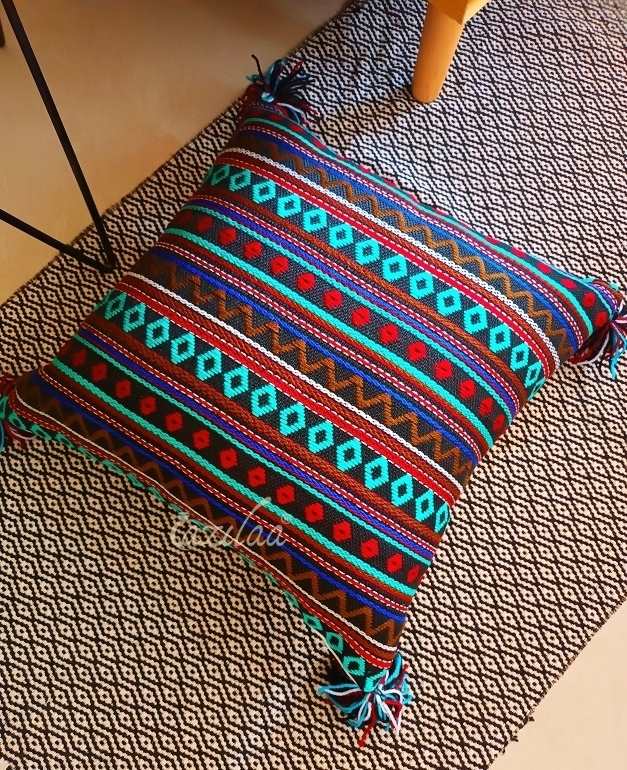 Vibrant multi color geometric handloom wool cushion cover