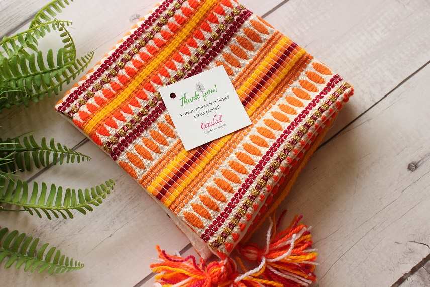 Vibrant orange yellow  handloom handmade cushion cover