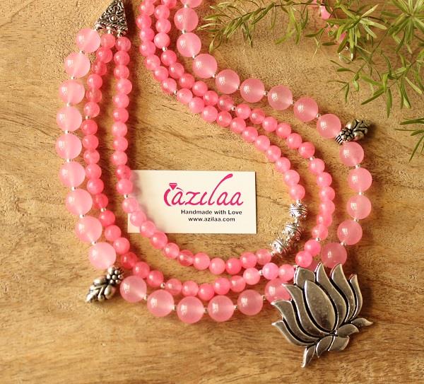 Pink Lotus designer gemstone handmade necklace set