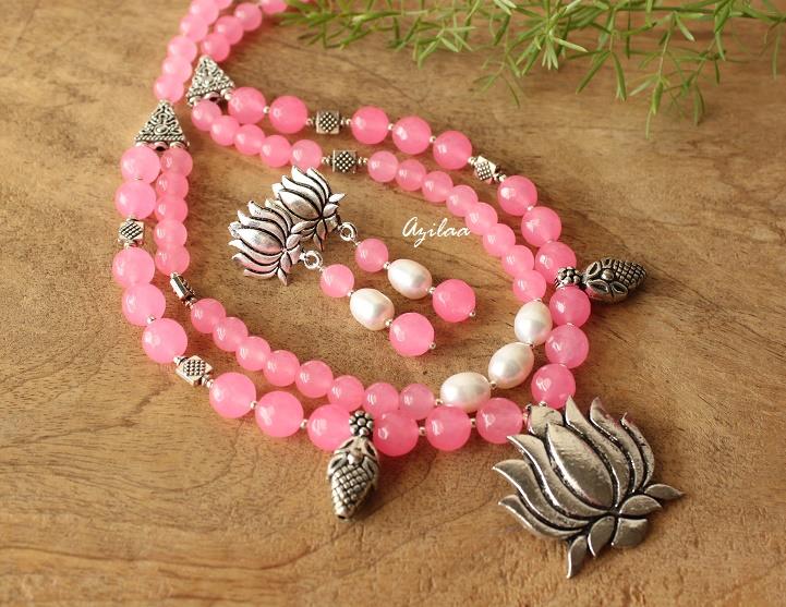 Lotus flower necklace earrings set, Designer pink stone jewelry
