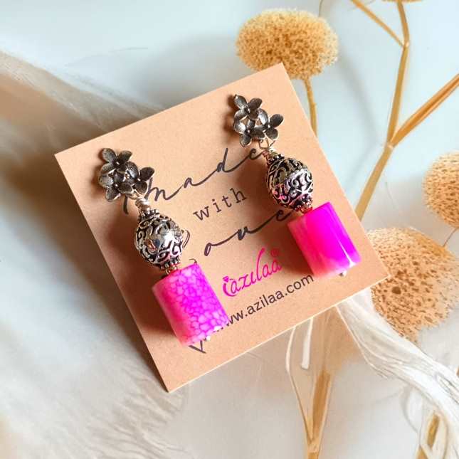 Vibrant pink agate antique silver floral earrings