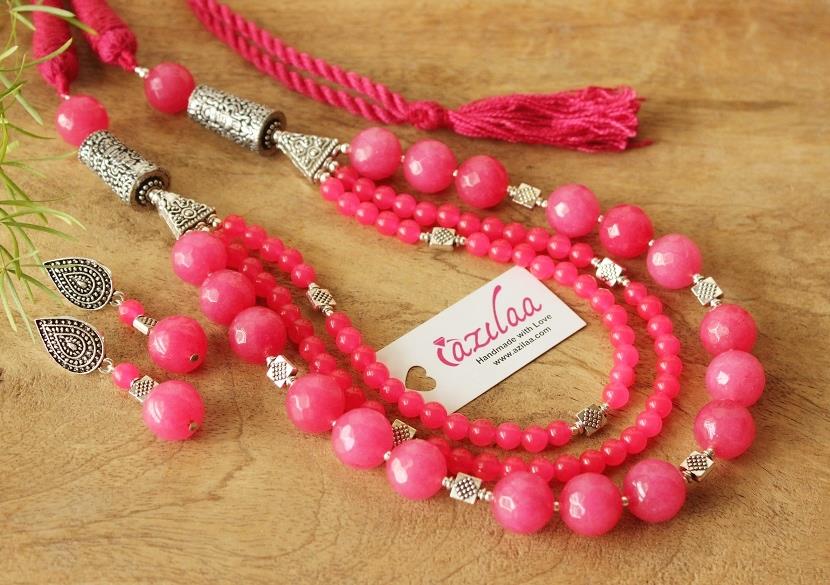 Vibrant pink beaded designer gemstone handmade necklace set