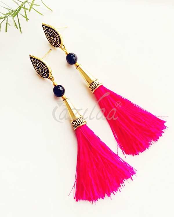 Vibrant pink silk tassel handmade post earrings