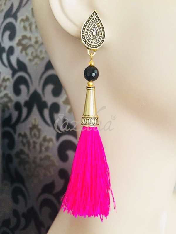 Vibrant pink silk tassel handmade post earrings