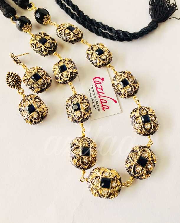 Victorian style black blue necklace earring set 