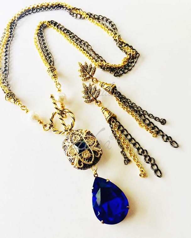 Victorian style blue lariat dual tone chain necklace earring set 