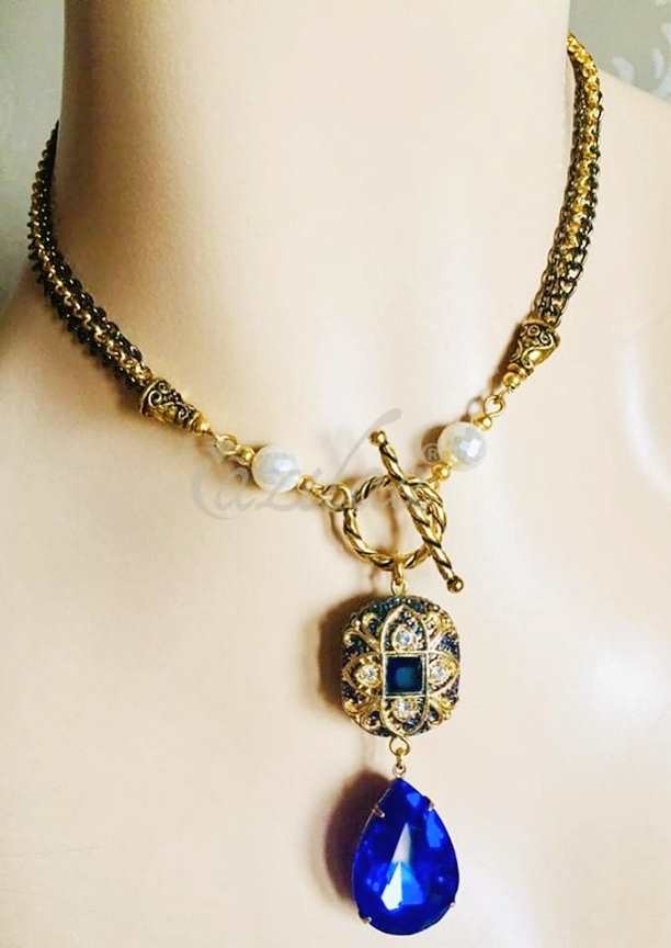 Victorian style blue lariat dual tone chain necklace earring set 