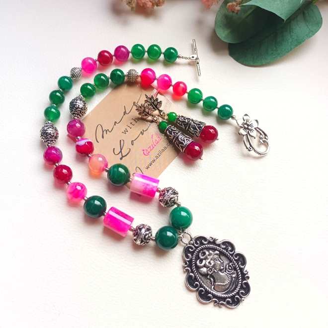Vintage lady pink green Statement designer gemstone necklace set