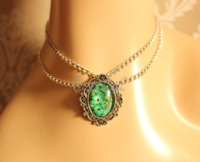 Vintage style layered chain choker peacock pendant necklace 