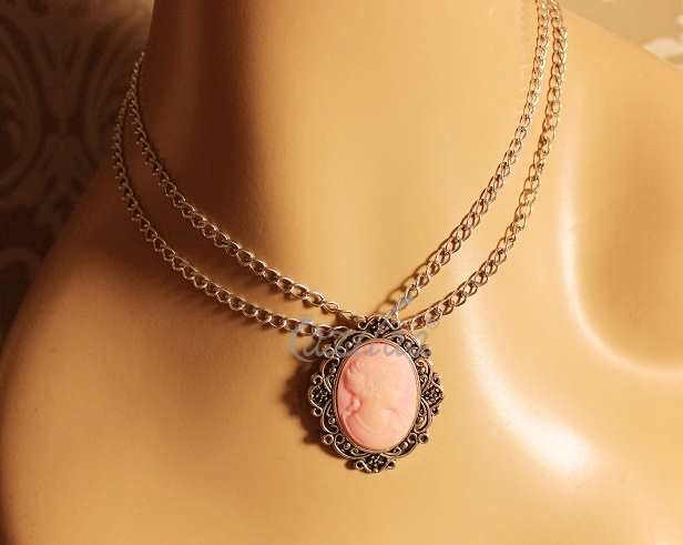 Vintage style layered chain choker pink pendant necklace 