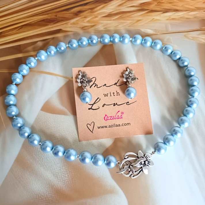Vintage style light blue pearl necklace set