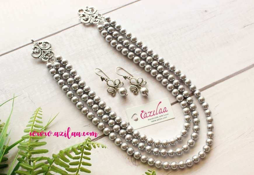 Vintage style statement silver grey pearl necklace earrings