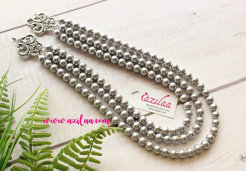 Vintage style statement silver grey pearl necklace earrings