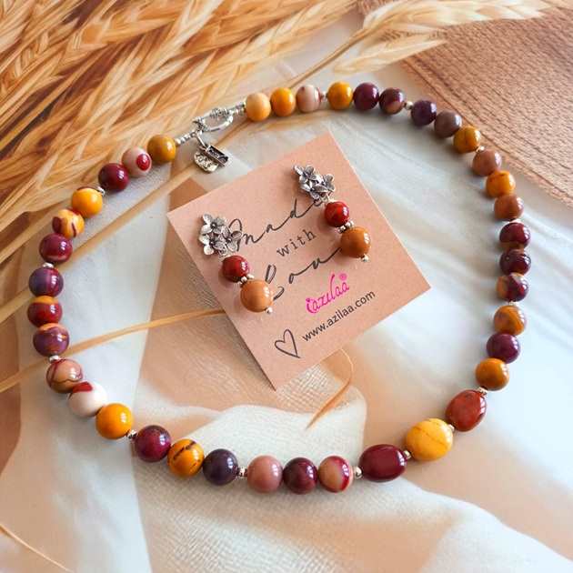 Earthy Mookite Jasper beaded necklace earrings set