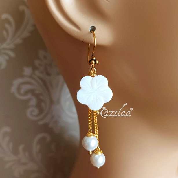 White Mother of pearl flower dangler antique golden earrings