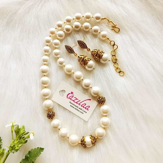 White Pearl antique gold tone necklace earrings set