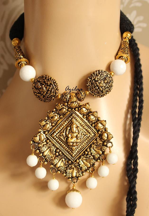 Antique gold plated pendant necklace set, Laxmi pendant necklace