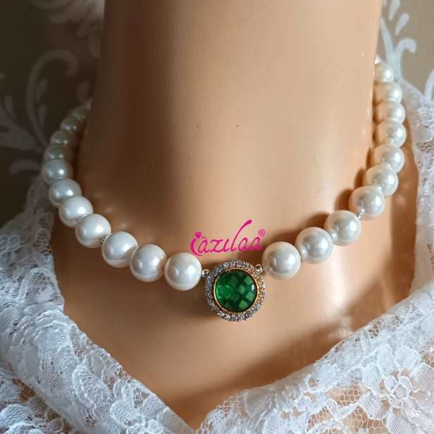 White pearl beaded green pendant choker necklace earrings