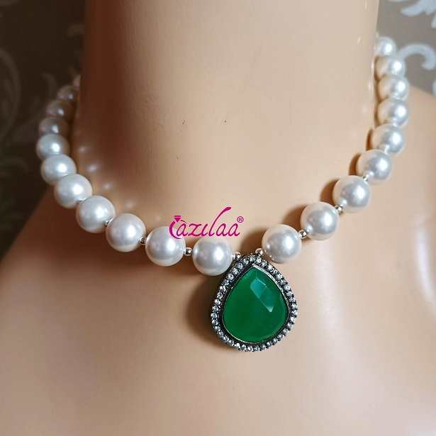 White pearl cz Green pendant choker necklace earrings