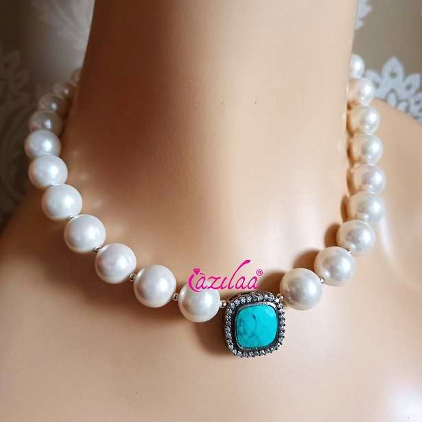 White pearl cz Turquoise blue pendant choker necklace earrings
