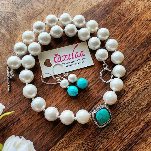 White pearl cz Turquoise blue pendant choker necklace earrings