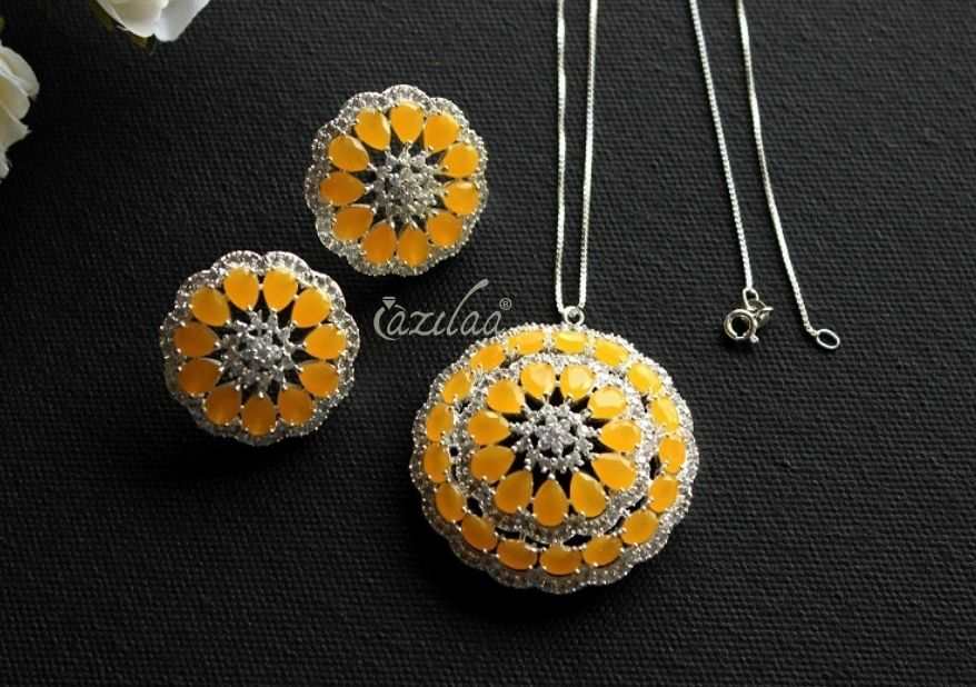 Yellow CZ studded pendant silver necklace earrings set