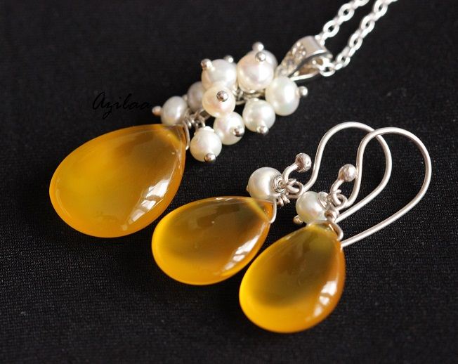 Yellow Chalcedony Pearl Pendant Earrings Gemstone Silver Beaded SET