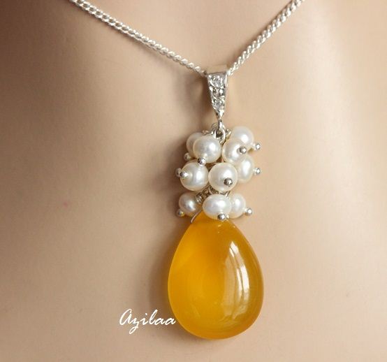 Yellow Chalcedony Pearl Pendant Earrings Gemstone Silver Beaded SET