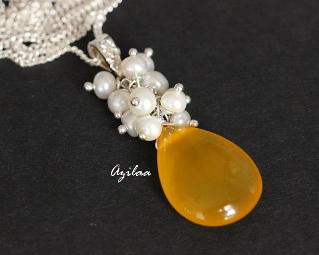 Yellow Chalcedony Pearl Pendant Earrings Gemstone Silver Beaded SET