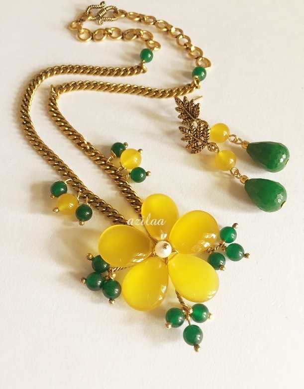 Yellow Chalcedony flower  gemstone handmade chain necklace set