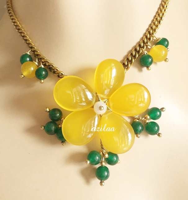 Yellow Chalcedony flower  gemstone handmade chain necklace set