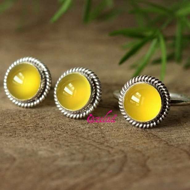 Yellow chalcedony Sterling silver gemstone handmade ring set