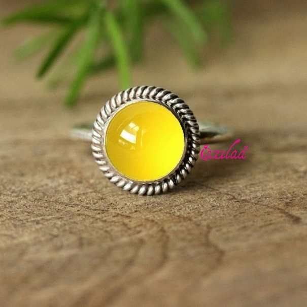 Yellow chalcedony Sterling silver gemstone handmade ring set