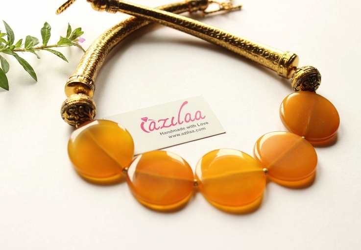  Yellow ethnic style gemstone antique gold tone  beaded necklace 