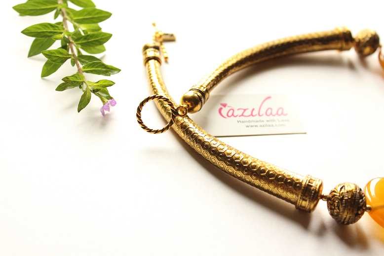  Yellow ethnic style gemstone antique gold tone  beaded necklace 