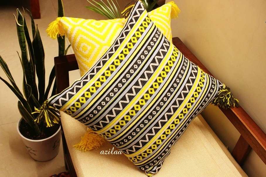 Yellow gray geometric handloom handmade cushion cover set 2