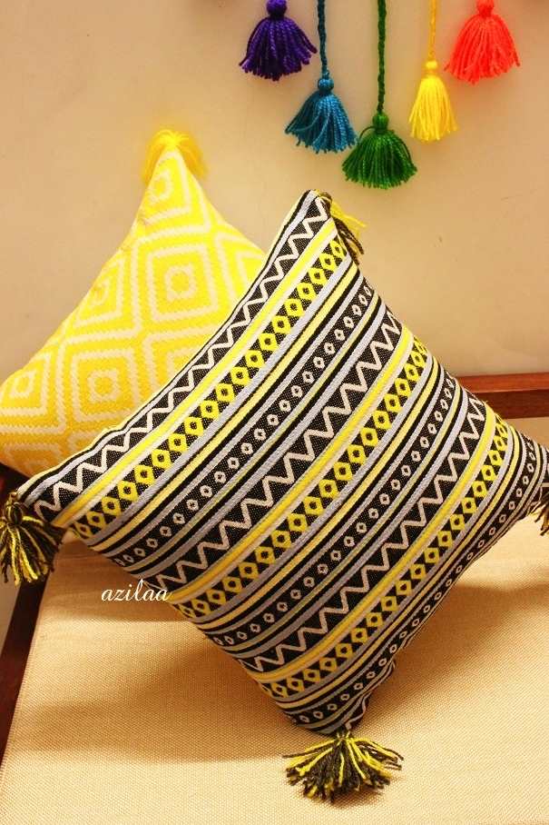 Yellow gray geometric handloom handmade cushion cover set 2