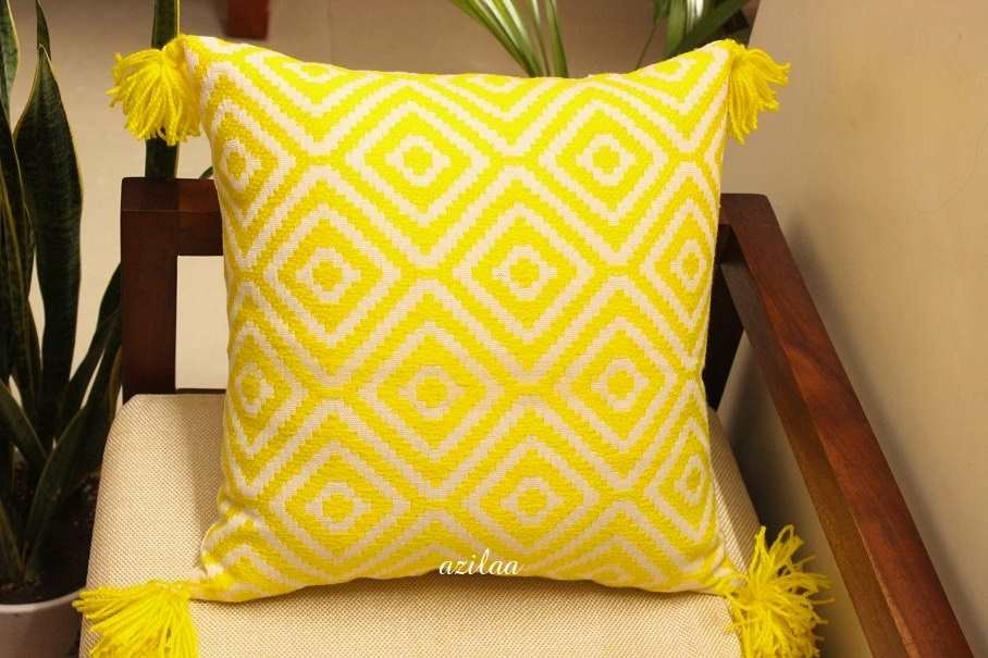 Yellow gray geometric handloom handmade cushion cover set 2