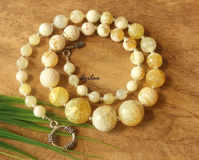 Yellow white agate gemstone handmade silver necklace