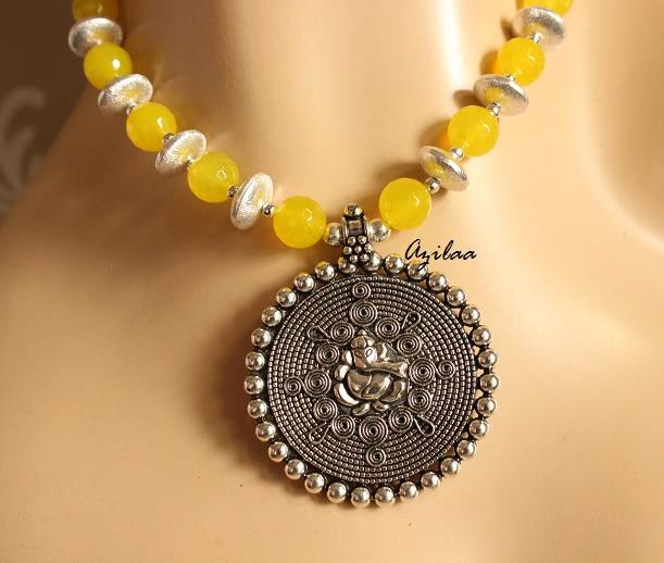 bright yellow Ganesha handmade Gemstone Necklace earring set