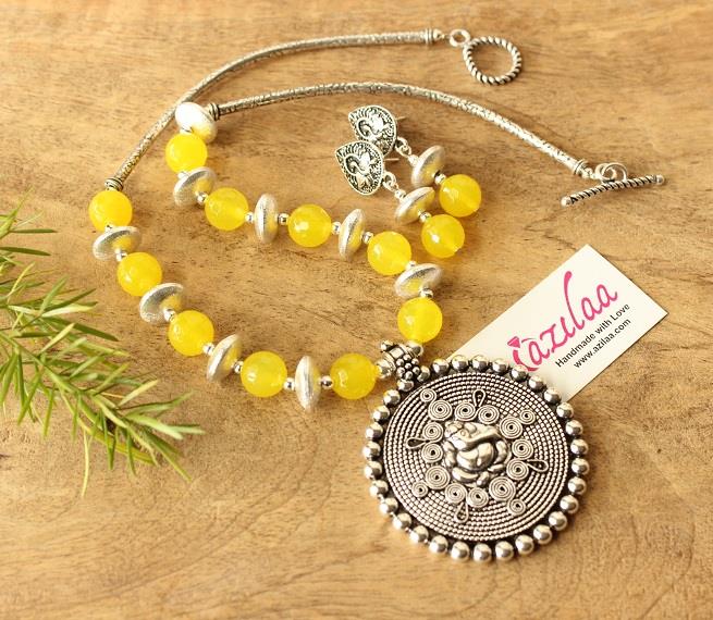 bright yellow Ganesha handmade Gemstone Necklace earring set