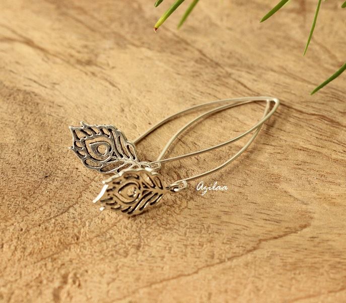 peacock feather silver long dangler  earrings