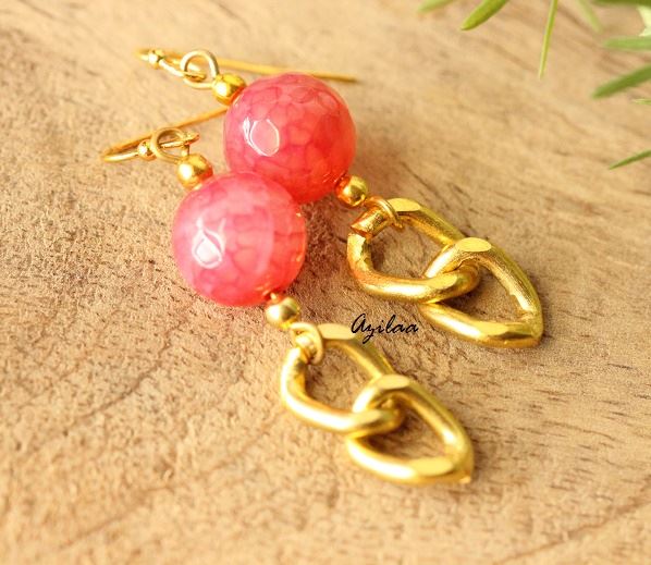 pink beaded gold chain earrings
